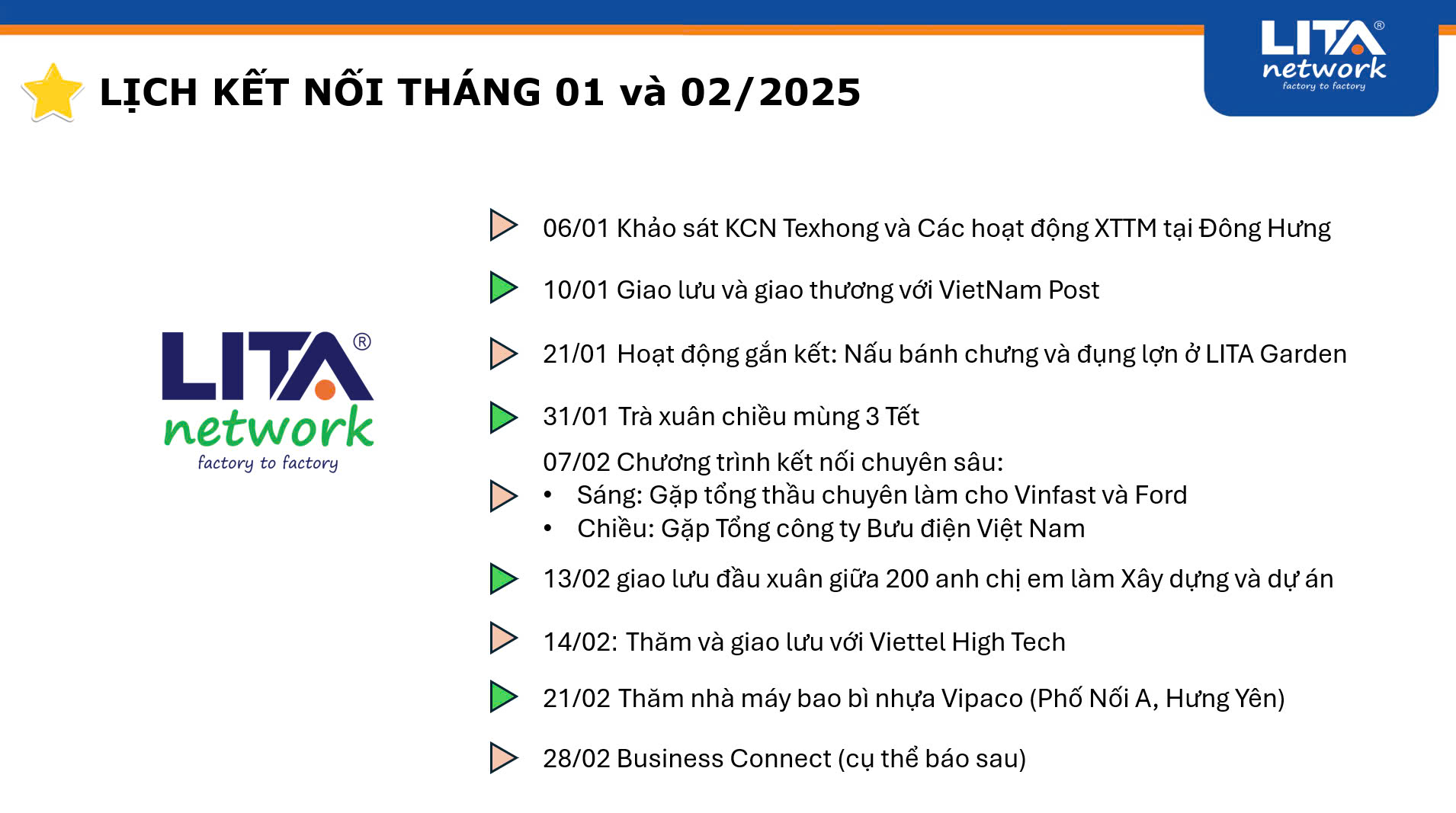 LỊCH KẾT NỐI THÁNG 01 VÀ 02/2025 - LITA NETWORK F2F